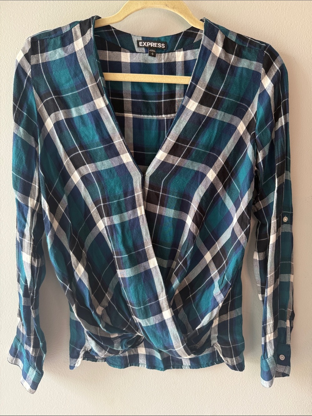 Express Blue Plaid Crossover Blouse